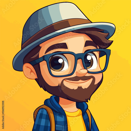 Cute, cartoon-style illustration of a bearded man with glasses and a hat, set against a bright yellow background. Expressive eyes and a friendly smile 