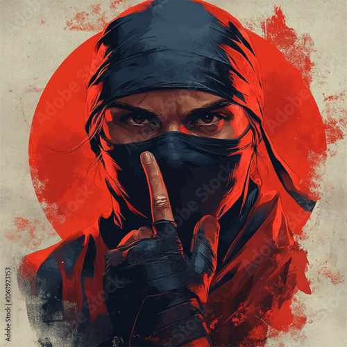 Striking illustration of a masked ninja with intense eyes and a shushing gesture, set against a bold red circle. The dark attire and intense expression create a sense of secrecy and intrigue