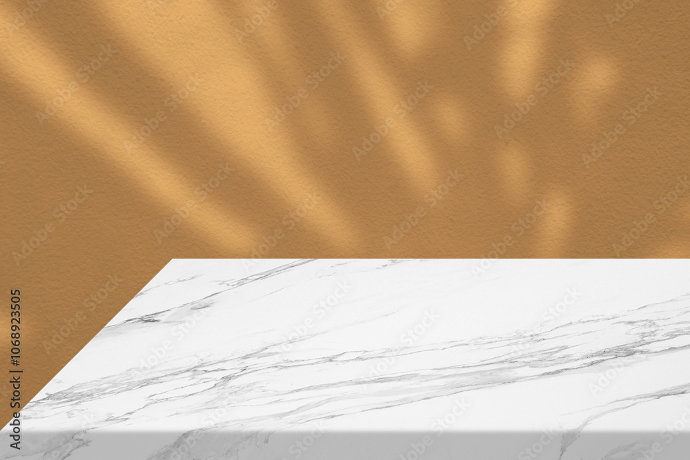 Minimal White Marble Table Corner with Leaves Shadow and Beige Beam on Concrete Wall Background Minimal White Marble Table Corner with Leaves Shadow and Beige Beam on Concrete Wall Background