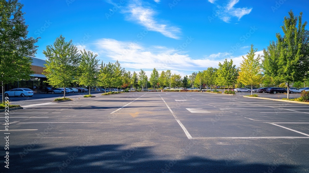 Fototapeta premium A spacious parking lot lined with trees under a clear blue sky.