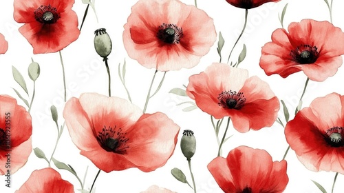 Seamless pattern of original watercolor flowers featuring vibrant poppies perfect for textile design and home decor