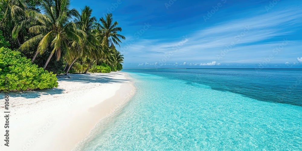 Fototapeta premium A tropical shoreline showcasing pristine white sand alongside crystal clear blue waters creates an idyllic beach setting perfect for relaxation and enjoyment.
