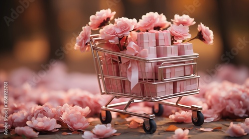 A mini cart brimming with small gift boxes wrapped with festive ribbons and pink flowers. photo