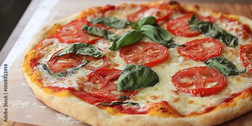Delicious pizza comes adorned with fresh basil and ripe tomatoes, making for a flavorful and delightful pizza experience. Enjoy this tasty combination! Delicious pizza comes adorned with fresh basil and ripe tomatoes, making for a flavorful and delightful pizza experience. Enjoy this tasty combination!