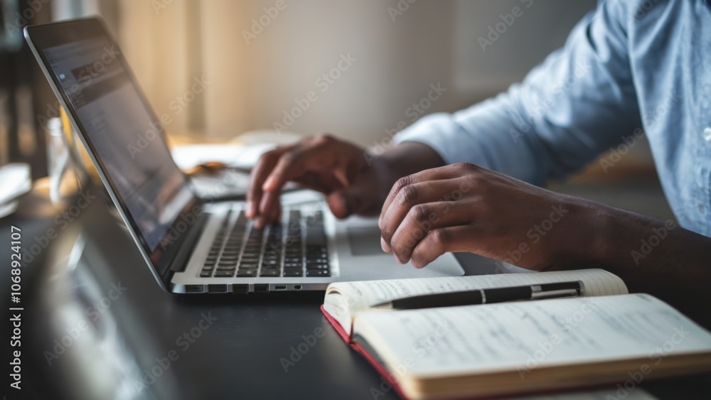 A man is typing on a laptop in front of a notebook and a cell phone. The laptop is open and the man's hand is on the keyboard. The scene suggests that the man is working or studying A man is typing on a laptop in front of a notebook and a cell phone. The laptop is open and the man's hand is on the keyboard. The scene suggests that the man is working or studying