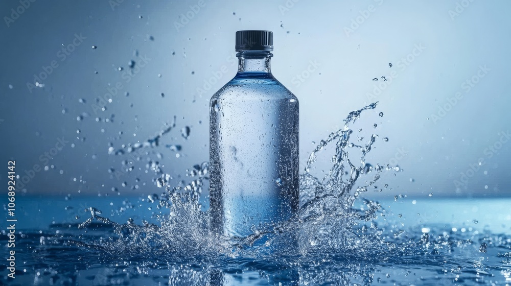 Splashing water stream over a glass bottle on a wet, reflective blue surface Splashing water stream over a glass bottle on a wet, reflective blue surface