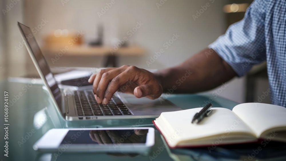 A man is typing on a laptop in front of a notebook and a cell phone. The laptop is open and the man's hand is on the keyboard. The scene suggests that the man is working or studying A man is typing on a laptop in front of a notebook and a cell phone. The laptop is open and the man's hand is on the keyboard. The scene suggests that the man is working or studying