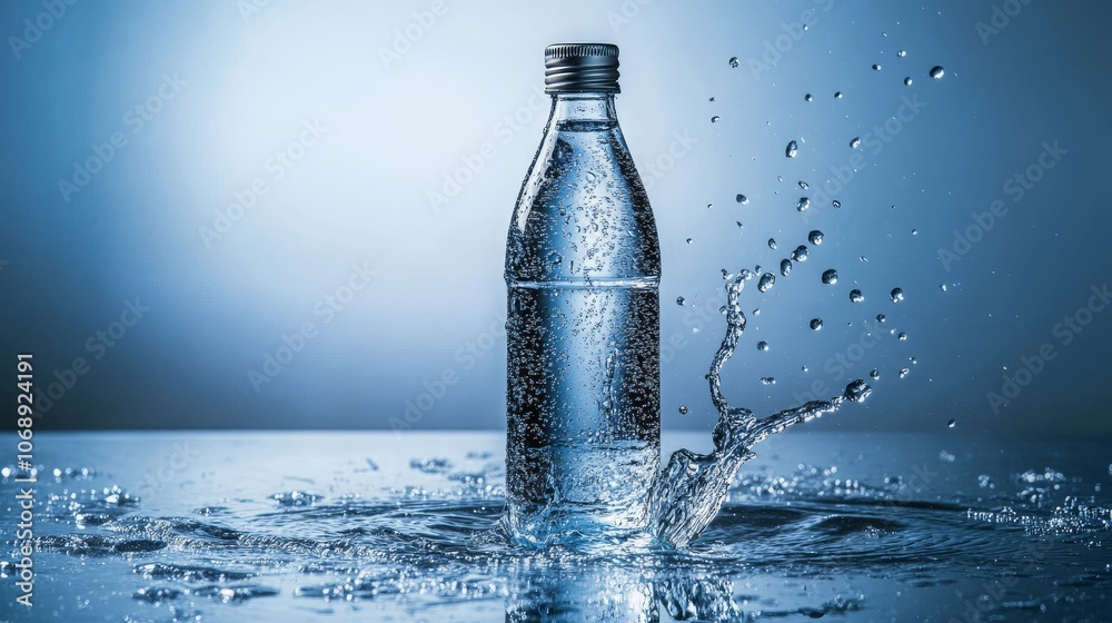 Splashing water stream over a glass bottle on a wet, reflective blue surface Splashing water stream over a glass bottle on a wet, reflective blue surface