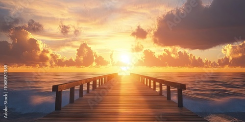 A stunning sunrise at the pier features a wooden walkway extending toward the horizon, beautifully framed against a captivating seascape backdrop.