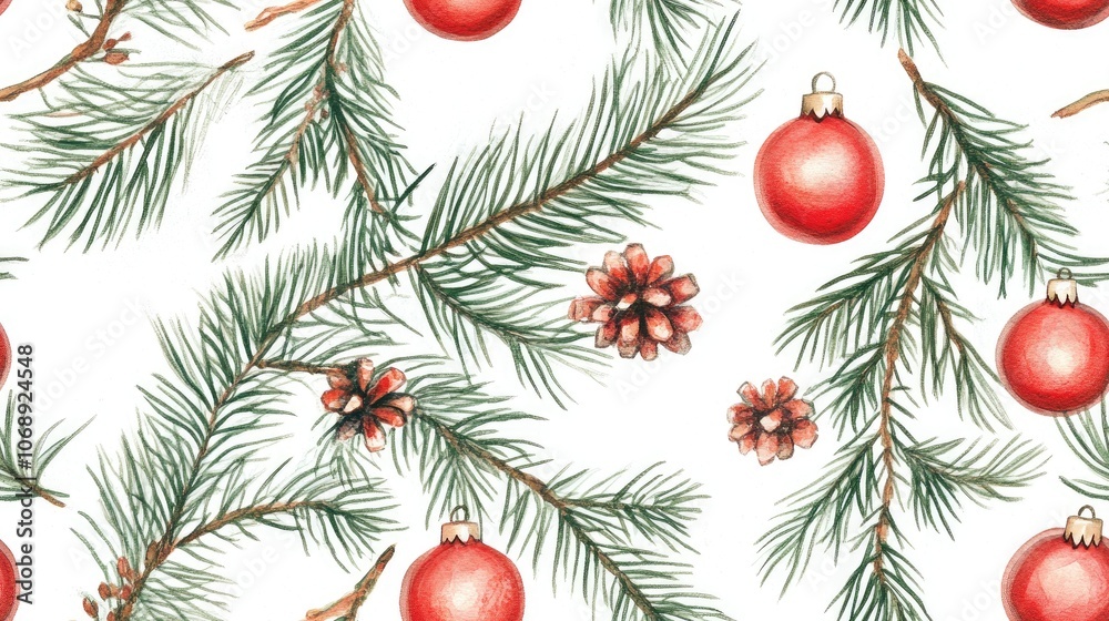 Watercolor illustration of a seamless spruce and pine branch pattern featuring red Christmas ornaments ideal for festive greeting cards and holiday designs Christmas New Year Watercolor illustration of a seamless spruce and pine branch pattern featuring red Christmas ornaments ideal for festive greeting cards and holiday designs Christmas New Year