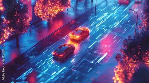 Two cars drive on a futuristic neon city street with trees on both sides.