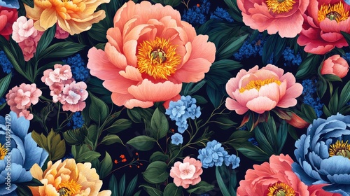 Colorful seamless pattern featuring peony bouquets and wild spring leaves ideal for fabric design and home decor