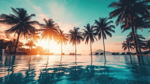 A serene sunset by a pool surrounded by palm trees, evoking relaxation and leisure.