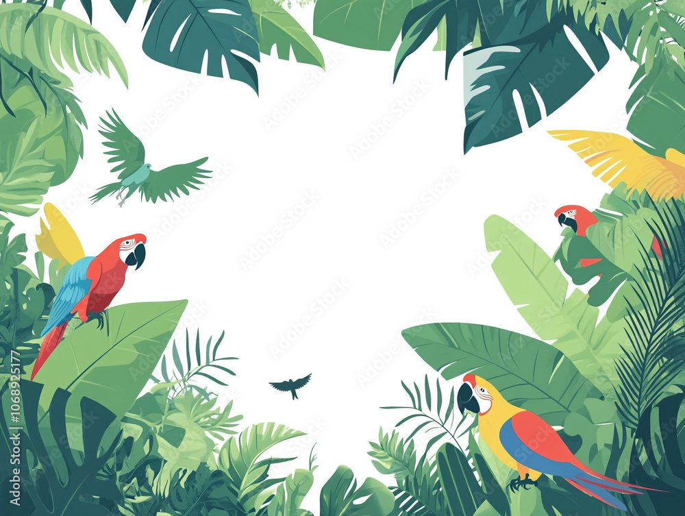 Obraz premium A colorful parrot is perched on a leafy green tree. A large empty space in the center is for text. 