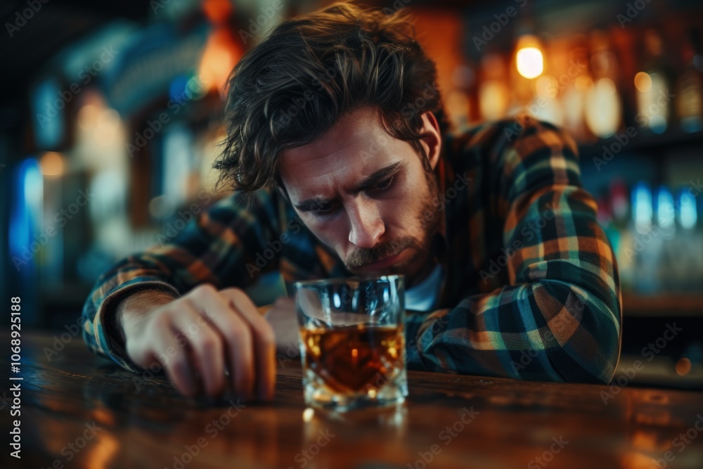 A pensive man considers his drink while seated at a bar during a quiet evening in a cozy pub A pensive man considers his drink while seated at a bar during a quiet evening in a cozy pub