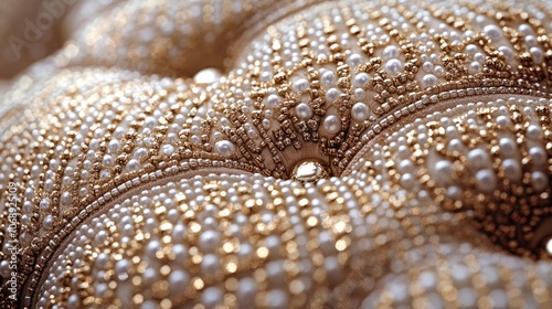 Close-up of an elegant beaded seat cover designed for a luxurious car chair, highlighting the intricate details of the beaded seat cover with ample copy space for design needs. photo