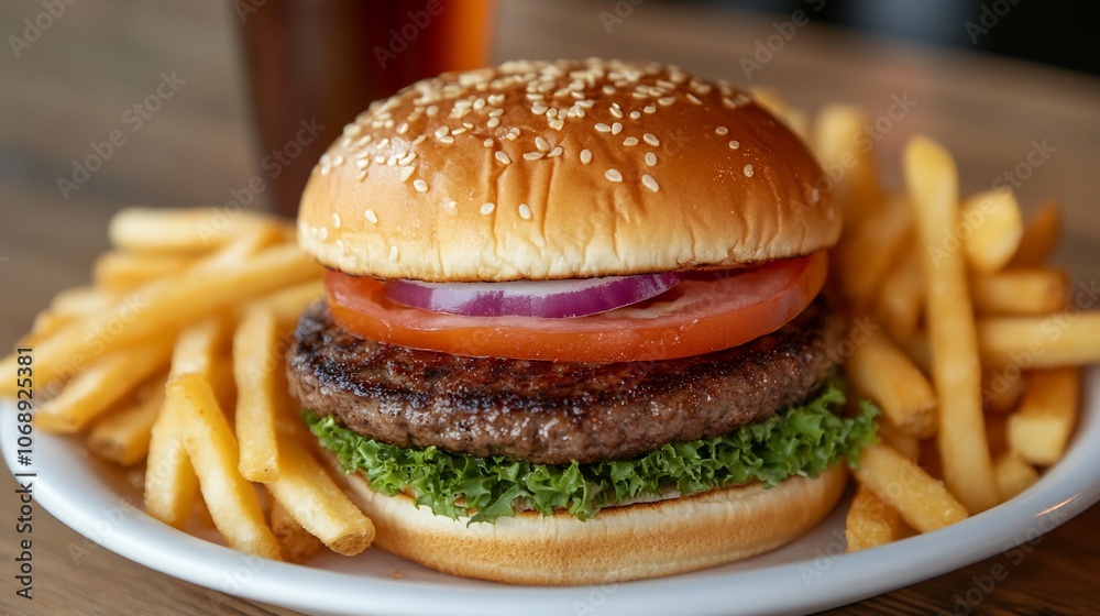 A juicy burger with lettuce, tomato, and red onion, served on a white plate with french fries and a glass of soda. A juicy burger with lettuce, tomato, and red onion, served on a white plate with french fries and a glass of soda.