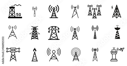 wave transmitter tower and radio mast icons set