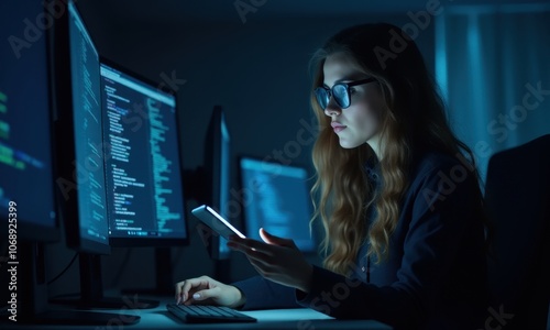 Female software engineer deep in thought while coding.