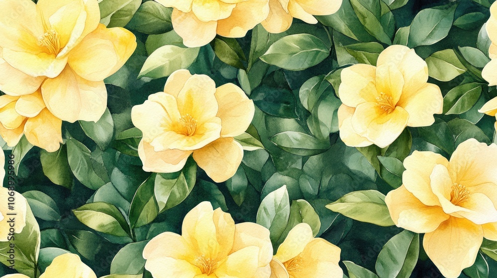 Seamless watercolor pattern of yellow gardenia flowers perfect for backgrounds and decorative borders Seamless watercolor pattern of yellow gardenia flowers perfect for backgrounds and decorative borders