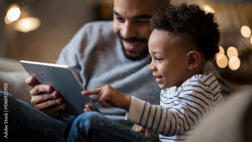 Father and son sitting on the sofa, the man teaches how to use the tablet. Happy family and new technologies, teaching children.