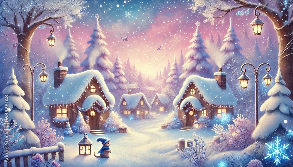 Fototapeta premium A Snowy Winter Village with Cozy Cottages, Frosted Trees, and Glowing Lanterns Under a Dreamy Pastel Sky in a Whimsical Fantasy World