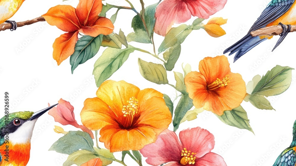 Watercolor seamless pattern featuring vibrant tropical colibri birds and exotic flowers on a crisp white background