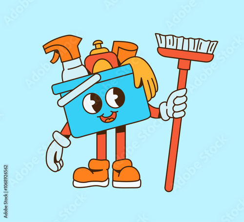 Groovy Cartoon Cleaning Supplies Character Holding Broom