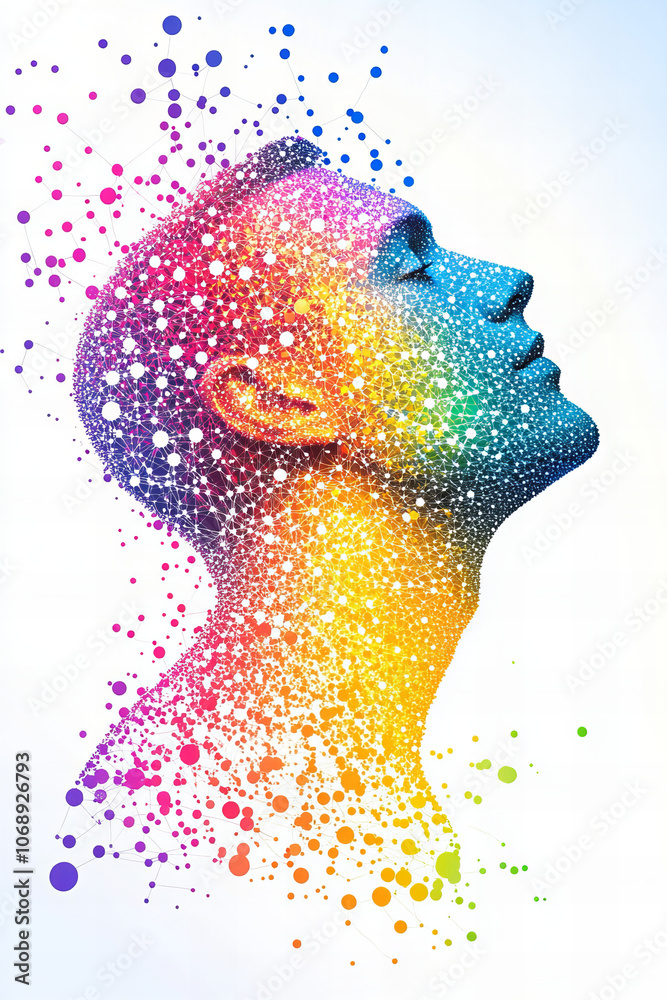 Obraz premium Futuristic Abstract Portrait with Neural Network Pattern and Vibrant Colorful Dots Representing Technology, Data, and Digital Connections