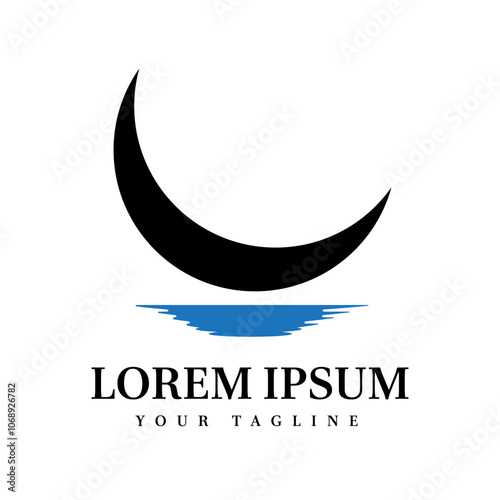 Minimalist Black Crescent Moon with Blue Water Reflection Perfect for Wellness, Travel, Nightlife, and Relaxation Brand Identity