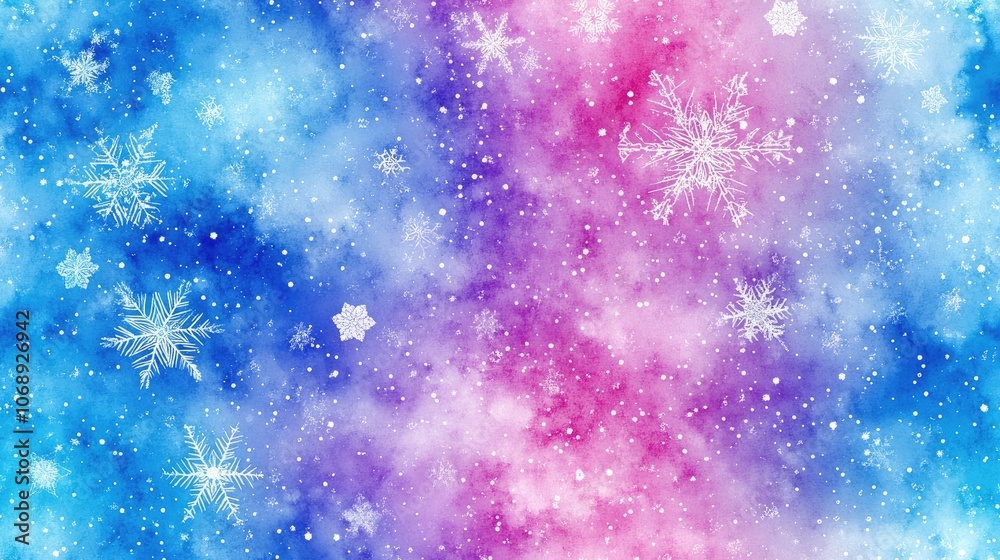 Fototapeta premium Colorful seamless pattern featuring turquoise watercolor splashes alongside geometric psychedelic dye motifs and sky blue snowflake designs ideal for fabric and wallpaper decor