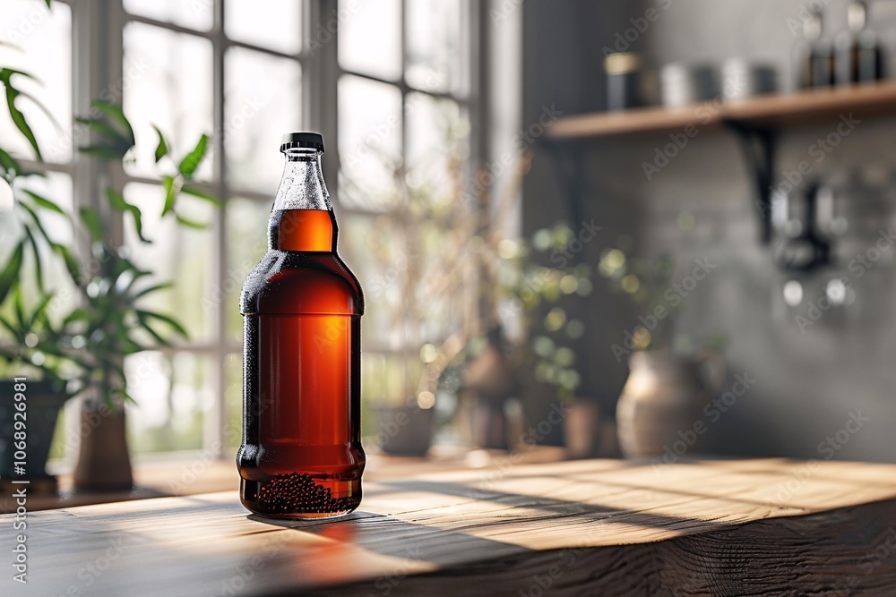 A glass bottle filled with a dark amber liquid sits on a rustic wooden table in a bright kitchen. Sunlight streams through the windows, enhancing the cozy atmosphere created by surrounding plants A glass bottle filled with a dark amber liquid sits on a rustic wooden table in a bright kitchen. Sunlight streams through the windows, enhancing the cozy atmosphere created by surrounding plants