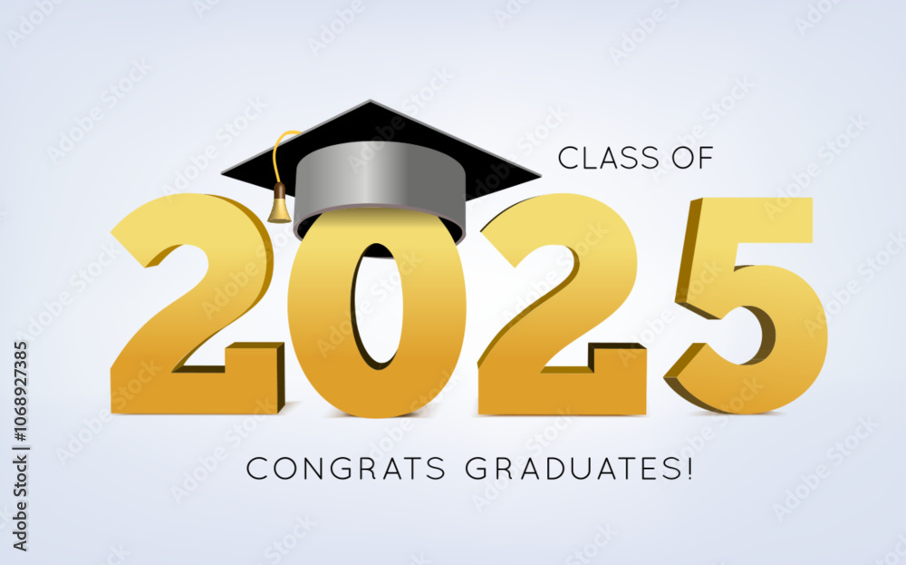 Graduation class of 2025 with cap. 3d vector illustration on light background Graduation class of 2025 with cap. 3d vector illustration on light background