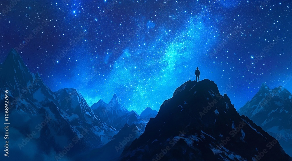 Under the graceful arc of the Milky Way, a solitary figure stands on a mountain peak, enveloped by a star-filled night sky. Under the graceful arc of the Milky Way, a solitary figure stands on a mountain peak, enveloped by a star-filled night sky.