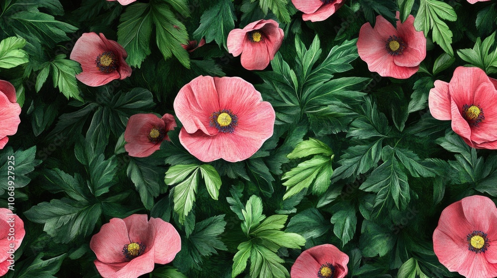 Delicate seamless pattern of vibrant pink watercolor poppies surrounded by lush green leaves perfect for textile design and wrapping paper Delicate seamless pattern of vibrant pink watercolor poppies surrounded by lush green leaves perfect for textile design and wrapping paper