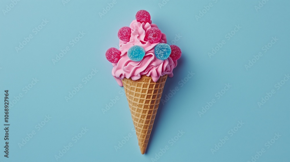 Vibrant pink ice cream cone with colorful candy on blue background Vibrant pink ice cream cone with colorful candy on blue background