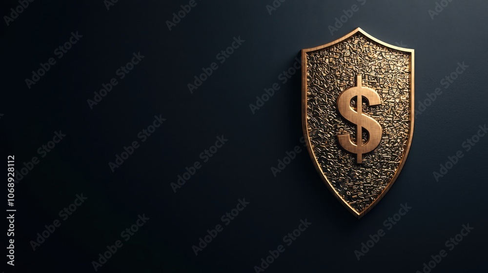 Showcasing a golden shield with a carved dollar symbol for dramatic financial representation Showcasing a golden shield with a carved dollar symbol for dramatic financial representation