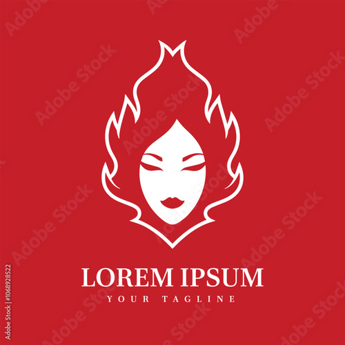 Bold Red and White Woman Face in Fire Silhouette Perfect for Beauty, Salon, Spa, and Empowerment Brand Identity