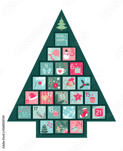 Christmas Advent Calendar for 24 days. Christmas decorations. Christmas tree shaped advent calendar. Vector illustration
