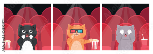 Cute cartoon cats sitting in movie theater. Cats watching a movie in movie hall with red seats and spotlight. Vector illustration