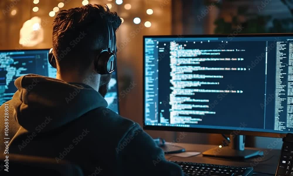 Programmer working late at night with computer monitor displaying code Programmer working late at night with computer monitor displaying code