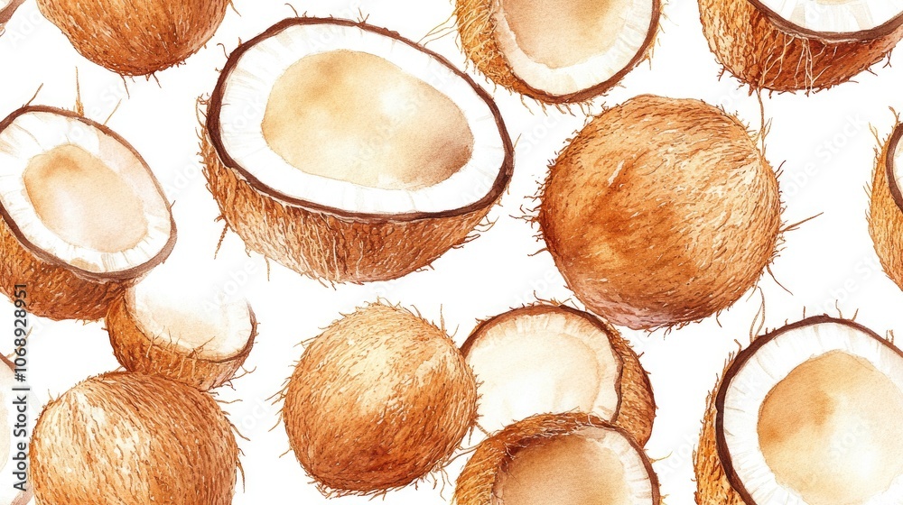 Hand painted watercolor coconuts pattern on a white background perfect for fabric and wallpaper design