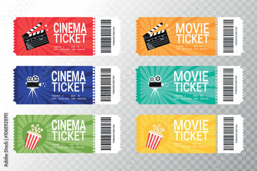 Modern movie or cinema tickets design set. Front view with barcode. Cinema ticket template. Vector illustration