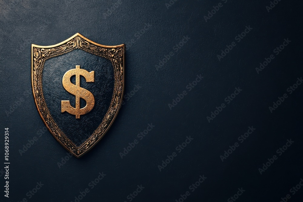 Ornate shield featuring carved dollar sign symbolizing wealth and protection Ornate shield featuring carved dollar sign symbolizing wealth and protection