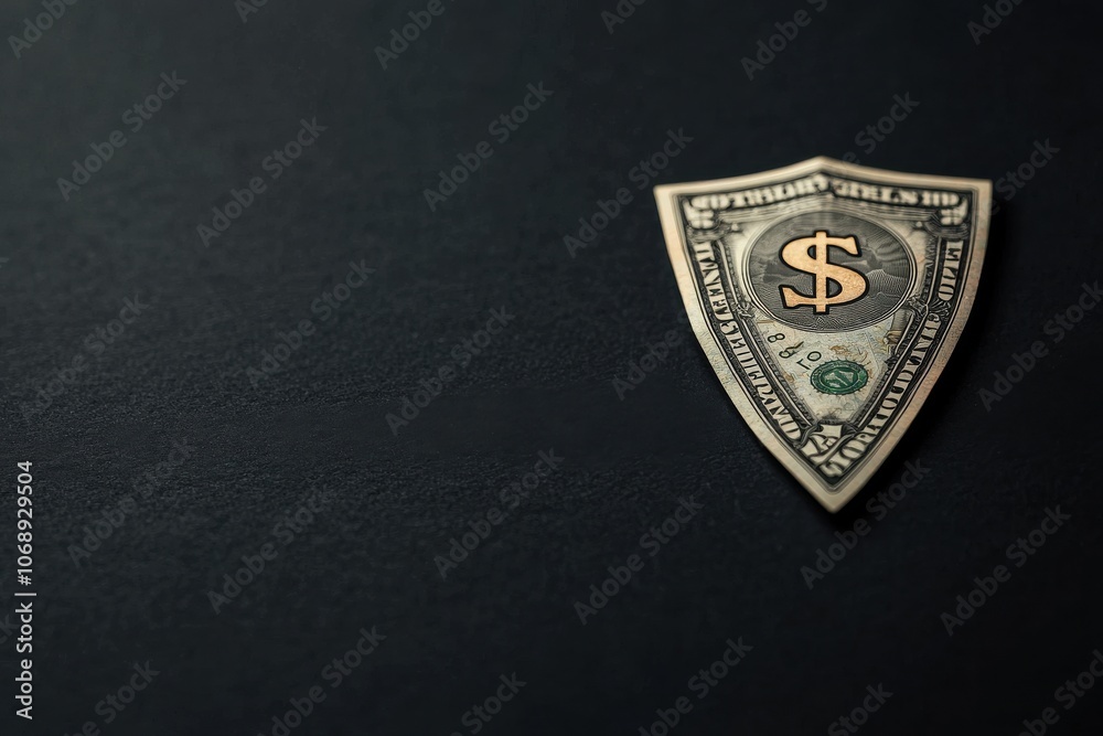 The symbolism of a reflective dollar-carved shield against a minimal background The symbolism of a reflective dollar-carved shield against a minimal background