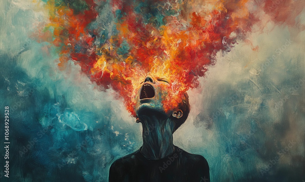 Naklejka premium Abstract painting of a person engulfed in flames.