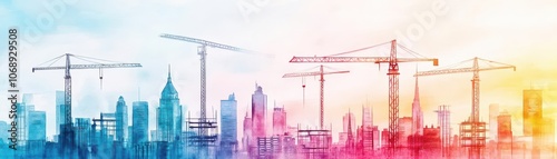 Watercolor view of a city under construction, cranes lifting beams, with hard hats dotted throughout the vibrant scene