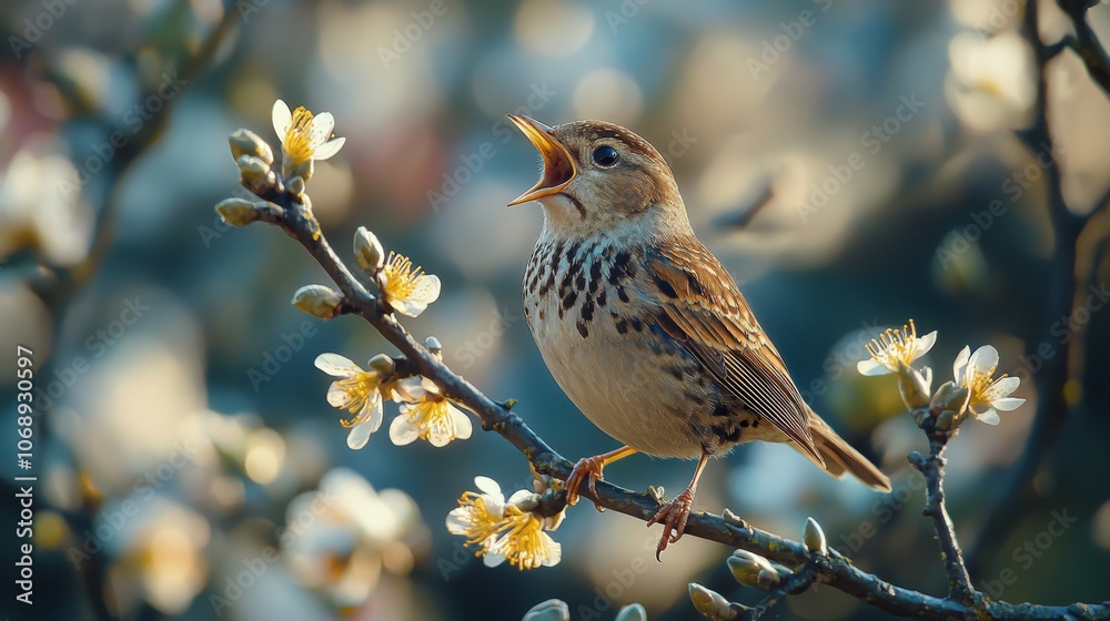 A singing bird perched on a flowering branch during a sunny spring afternoon A singing bird perched on a flowering branch during a sunny spring afternoon