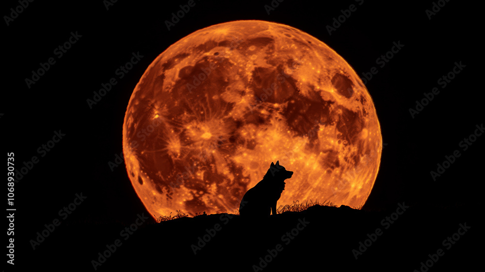 Fototapeta A silhouetted wolf sits on a hill with a large, glowing orange moon behind it. Concept of nature, night, mystery.