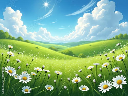 Daisies blooming in a green field under a sunny blue sky. ai generative